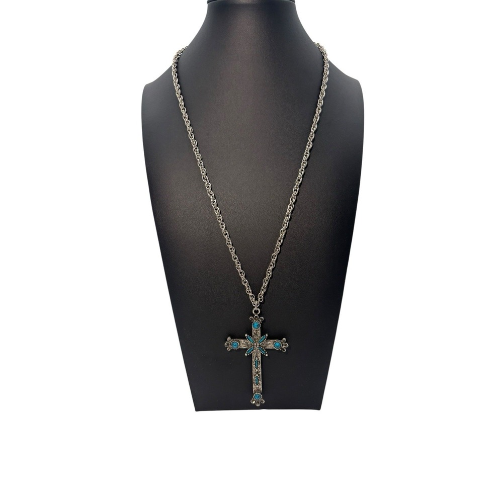 Vintage Signed Royal Silver Tone Faux Turquoise Christian Statement 24" Necklace